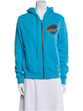 Aviator Nation Neon-Blue Hoodie with Rainbow Surf Patch